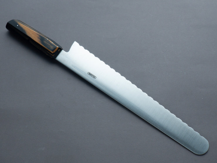 Pellegrino Cutlery - Mono-Steel - AEB-L - Satin - 12" Serrated Brisket/Bread - Custom Black & White Ebony Handle - Custom Fit Saya