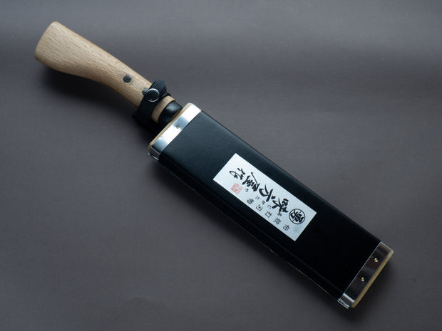 Ajikataya - Kengata Single Bevel Hatchet - Kurouchi - White #2 - 210mm - Oak Handle - Belt Sheath