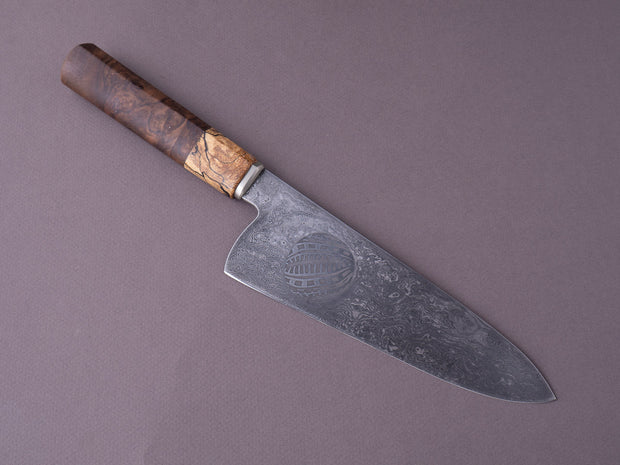Zay Knives - 1084 & 15N20 Coreless Damascus - 180mm Chef Knife w/ Jason Morrissey Mosaic Plug - Maple & Walnut Handle
