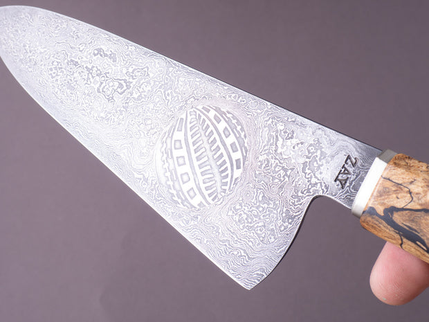 Zay Knives - 1084 & 15N20 Coreless Damascus - 180mm Chef Knife w/ Jason Morrissey Mosaic Plug - Maple & Walnut Handle