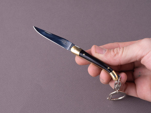 Forge de Laguiole - 70mm Folding Knife - Spring Lock - Black Horn & Brass Handle - Keychain Ring