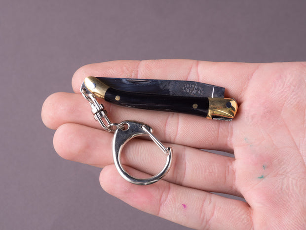 Forge de Laguiole - 70mm Folding Knife - Spring Lock - Black Horn & Brass Handle - Keychain Ring