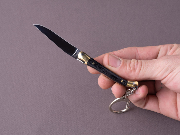 Forge de Laguiole - 70mm Folding Knife - Spring Lock - Black Micarta & Brass Handle - Keychain Ring