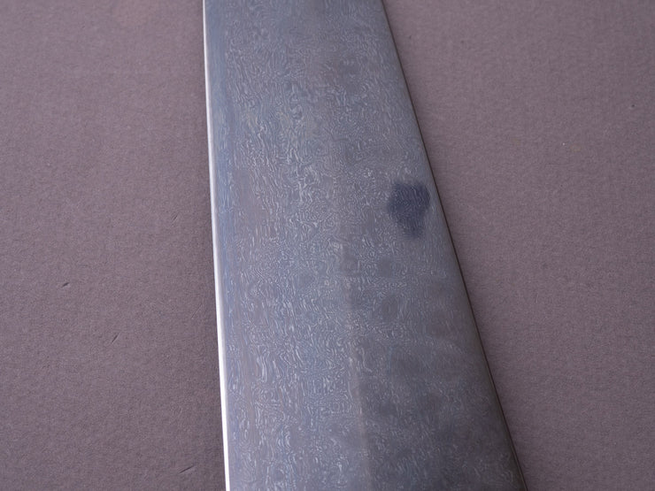 Caublestone Cutlery - In-House Watered Wootz - Stone Polished w/ Forced Patina - Gyuto 240mm - Stabilized Bog Oak Handle w/ Trimascus Spacer
