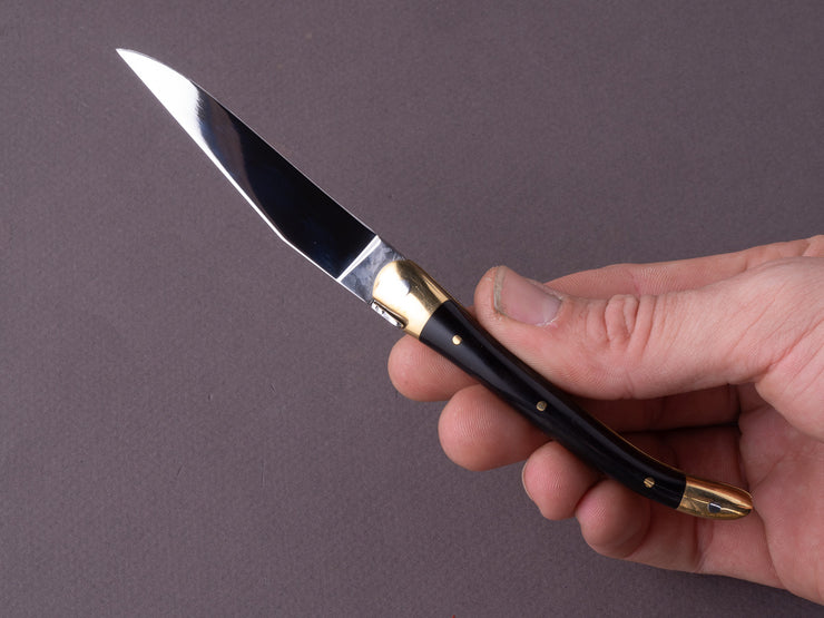 Forge de Laguiole - 90mm Folding Knife - Spring Lock - Black Horn & Brass Handle