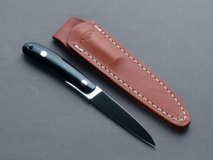 MOKI - Fixed Blade - Banff - VG10 - 85mm (long) - Black Linen Micarta Handle - Leather Sheath