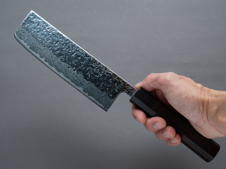 Hitohira - Futana - Stainless - Polished Tsuchime Damascus - 165mm Nakiri - Tagayasan Handle