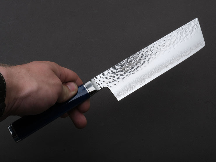 Ryusen - SOURYURIN - VG10W - Tsuchime Damascus - Nakiri - 160mm - Blue Resin Hybrid Handle