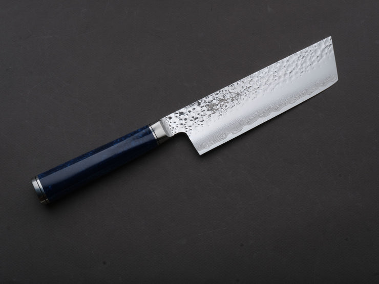 Ryusen - SOURYURIN - VG10W - Tsuchime Damascus - Nakiri - 160mm - Blue Resin Hybrid Handle