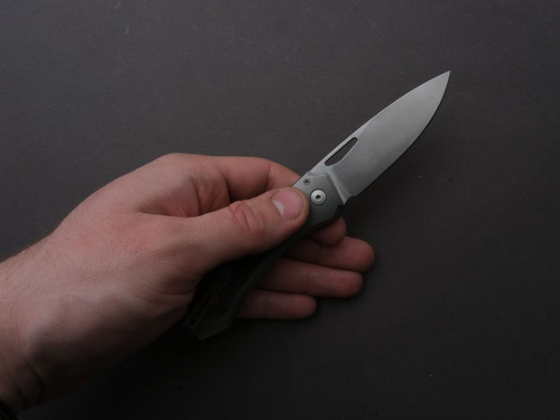 lionSTEEL - Folding Knife - Button Lock - Twain - MagnaCut - 80mm - Titanium Handle w/ Green Canvas Inlay