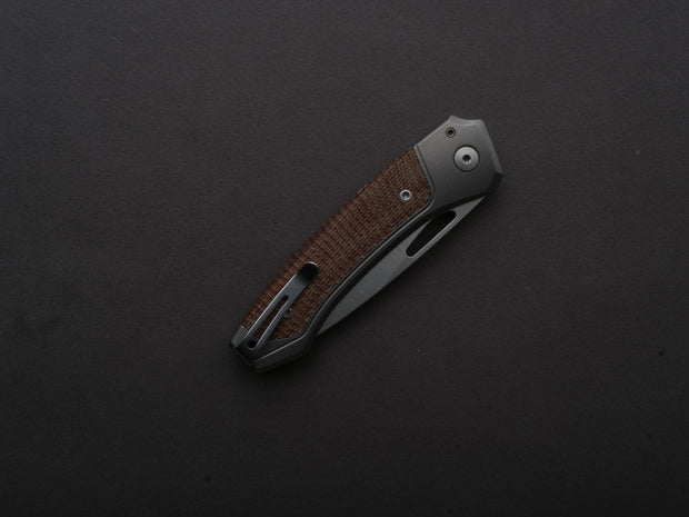 lionSTEEL - Folding Knife - Button Lock - Twain - MagnaCut - 80mm - Titanium Handle w/ Natural Canvas Inlay