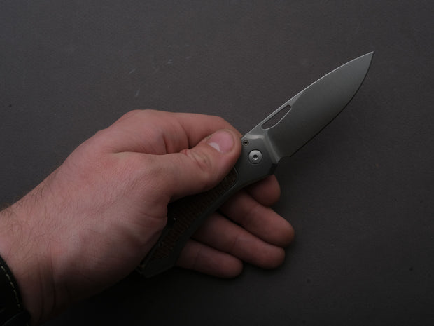 lionSTEEL - Folding Knife - Button Lock - Twain - MagnaCut - 80mm - Titanium Handle w/ Natural Canvas Inlay