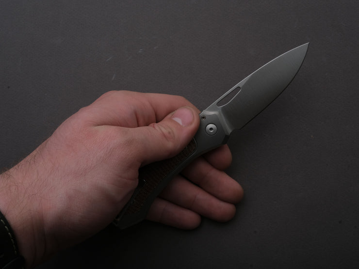 lionSTEEL - Folding Knife - Button Lock - Twain - MagnaCut - 80mm - Titanium Handle w/ Natural Canvas Inlay