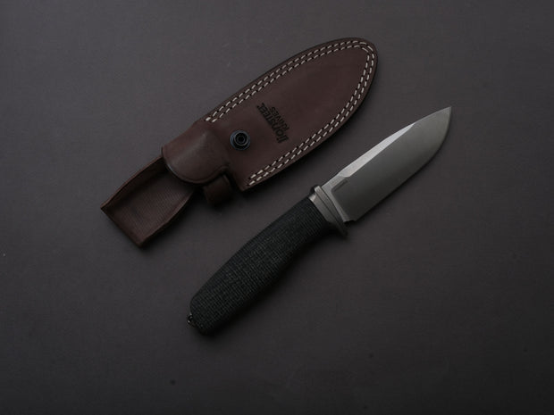 LionSTEEL - FIXED - Acha - M390 - Satin - 107mm - Black Burlap - Leather Sheath