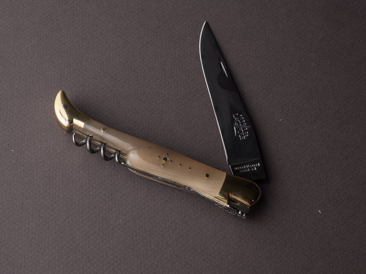 Forge De Laguiole - 12cm Folding Knife 3 Piece - Spring System - Blonde Horn Handle & Brass Bolsters - Wine Key & Awl