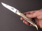 Forge De Laguiole - 12cm Folding Knife 3 Piece - Spring System - Blonde Horn Handle & Brass Bolsters - Wine Key & Awl