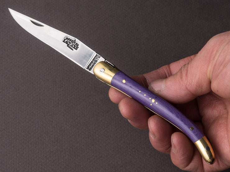 Forge de Laguiole - 90mm Folding Knife - Spring Lock - Purple Micarta & Brass Handle
