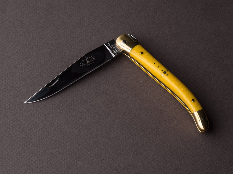 Forge de Laguiole - 90mm Folding Knife - Spring Lock - Yellow Micarta & Brass Handle