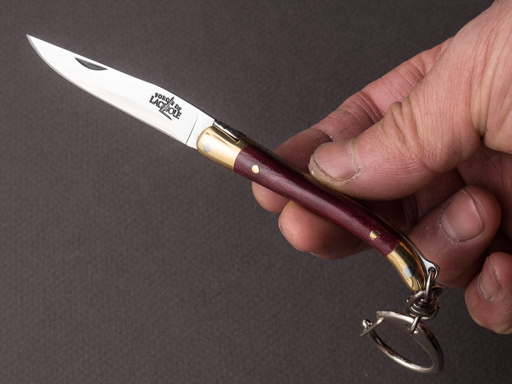 Forge de Laguiole - 70mm Folding Knife - Spring Lock - Burgundy Micarta & Brass Handle - Keychain Ring