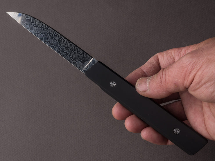 Ryusen - SK07 - Single Bevel Folding Steak Knife - Coreless Damascus - Urban Black Handle w/ Red Stitch Leather Case