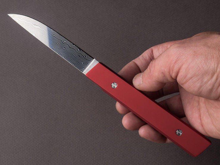 Ryusen - SK07 - Single Bevel Folding Knife - Coreless Damascus - Coral Red Handle w/ Red Stitch Leather Case