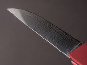Ryusen - SK07 - Single Bevel Folding Knife - Coreless Damascus - Coral Red Handle w/ Red Stitch Leather Case