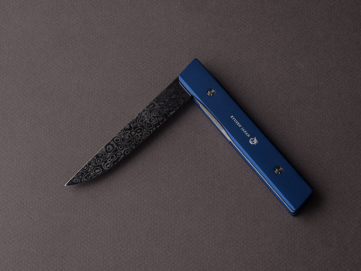 Ryusen - SK07 - Single Bevel Folding Knife - Coreless Damascus - Sapphire Blue Handle w/ Blue Stitch Leather Case