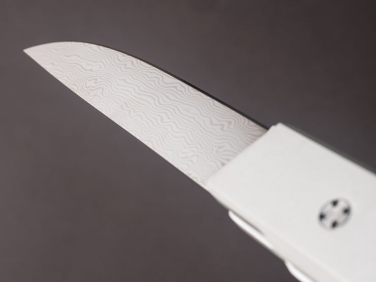 Ryusen - SK07 - Single Bevel Folding Knife - Coreless Damascus - Noble Silver Handle w/ Blue Stitch Leather Case