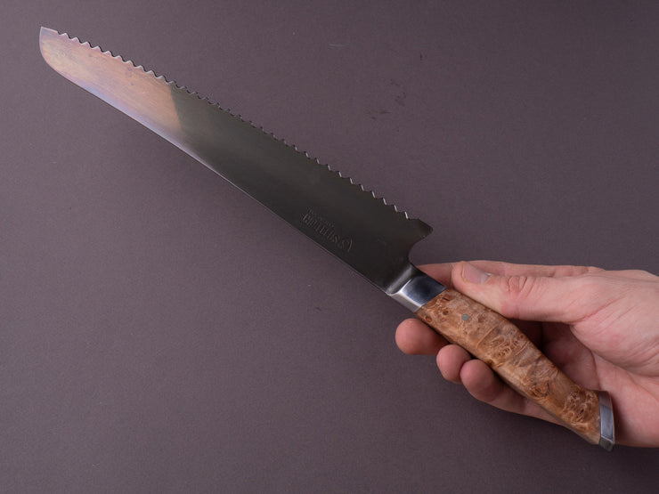 STEELPORT Knife Co. - 52100 Differentially Hardened - 10" Bread Knife - Integral Bolster Maple Burl Handle