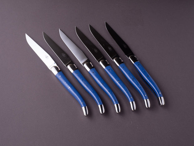 Forge de Laguiole - Steak/Table Knives - Shiny Bolsters - Blue Micarta & Steel Handle