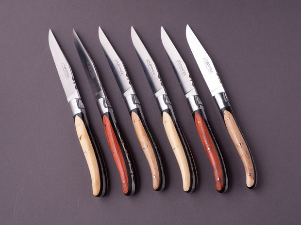 Fontenille Pataud - Steak/Table Knives - Guilloche Laguiole - Wood Marquetry Handles - Set of 6