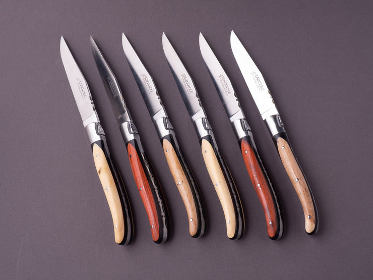 Fontenille Pataud - Steak/Table Knives - Guilloche Laguiole - Wood Marquetry Handles - Set of 6