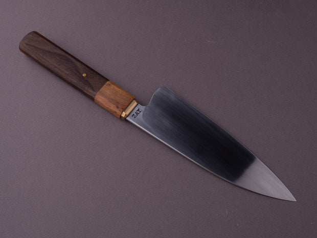 Zay Knives - 1084 Carbon - 165mm Chef - Brass Bolster, Maple & Walnut Handle