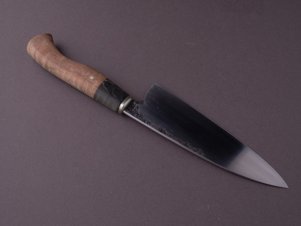 Zay Knives - 1084 Carbon - 165mm Chef - Curley Maple & Black Dyed Maple Handle