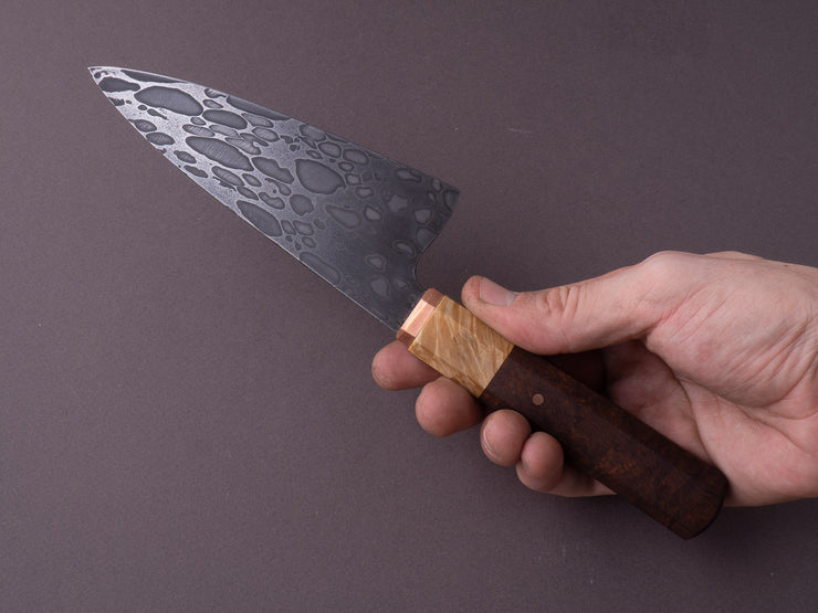 Zay Knives - Nickel Silver Ball Bearing Damascus - 140mm Chef - Copper Bolster, Maple Burl & Rosewood Handle