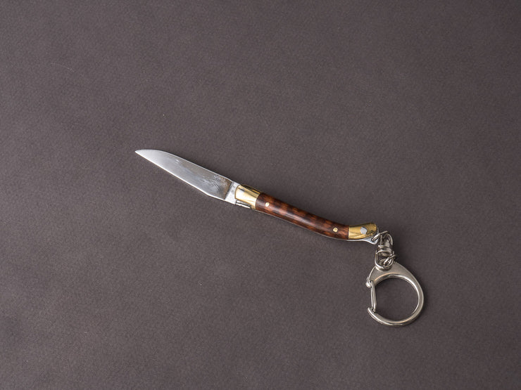 Forge de Laguiole - 70mm Folding Knife - Spring System - Snakewood Handle w/ Brass Bolsters - Keychain Ring