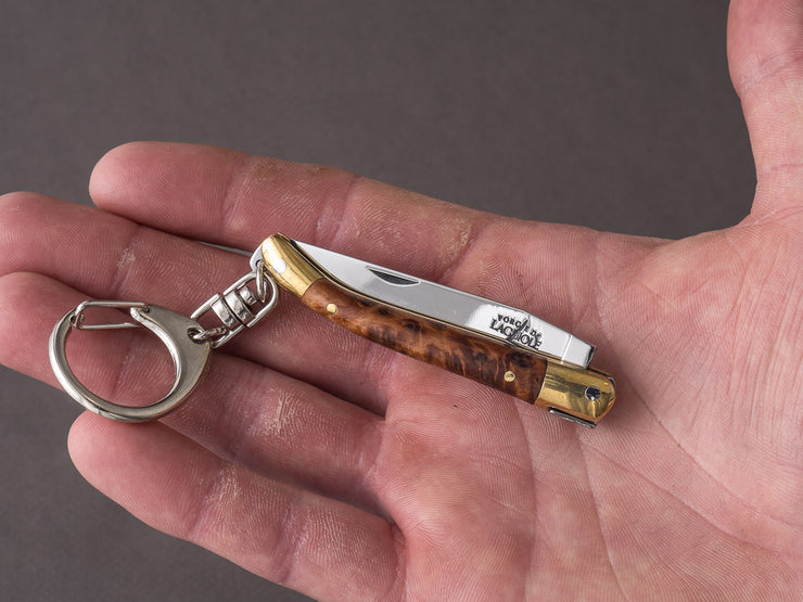 Forge de Laguiole - 70mm Folding Knife - Spring System - Thuya Handle w/ Brass Bolsters - Keychain Ring