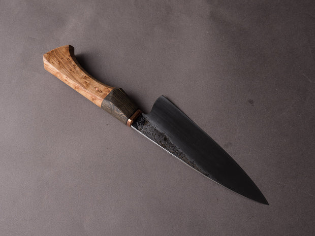 Zay Knives - 1084 Carbon - Chef Knife - Copper Bolster, Black Dyed Maple, & Birdseye Maple Handle