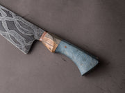 Zay Knives - 1084/15n20 Carbon Mosaic Damascus - 10" Chef Knife - Copper Bolster, Grey Dyed Maple, & Blue Dyed Maple Handle